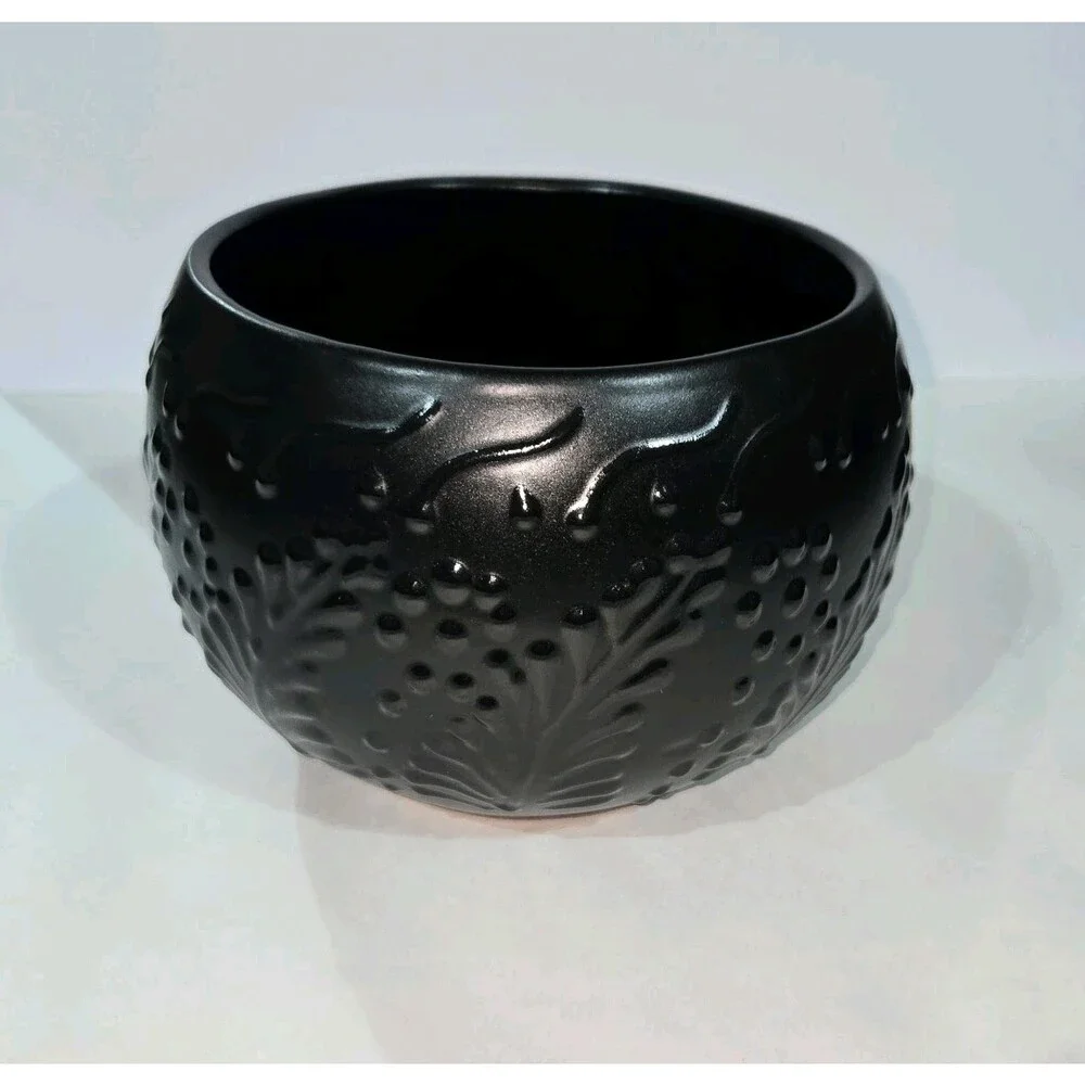 Black Round Planter 7 X 5 Inches Tall Hand Painted Mexican Art Clay Pot